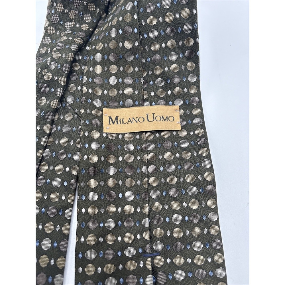 Milano Uomo 100% Imported Silk Tie Made In USA Green W/Brown Dots Classic Length - Picture 4 of 8